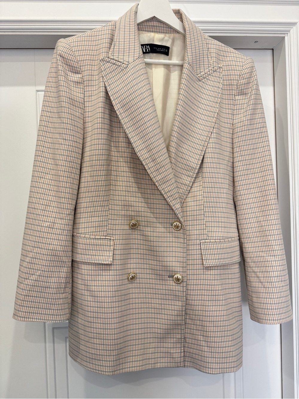 ZARA OVERSIZED DOUBLE BREASTED BLAZER CREAM BLUE GOLD BUTTONS XL